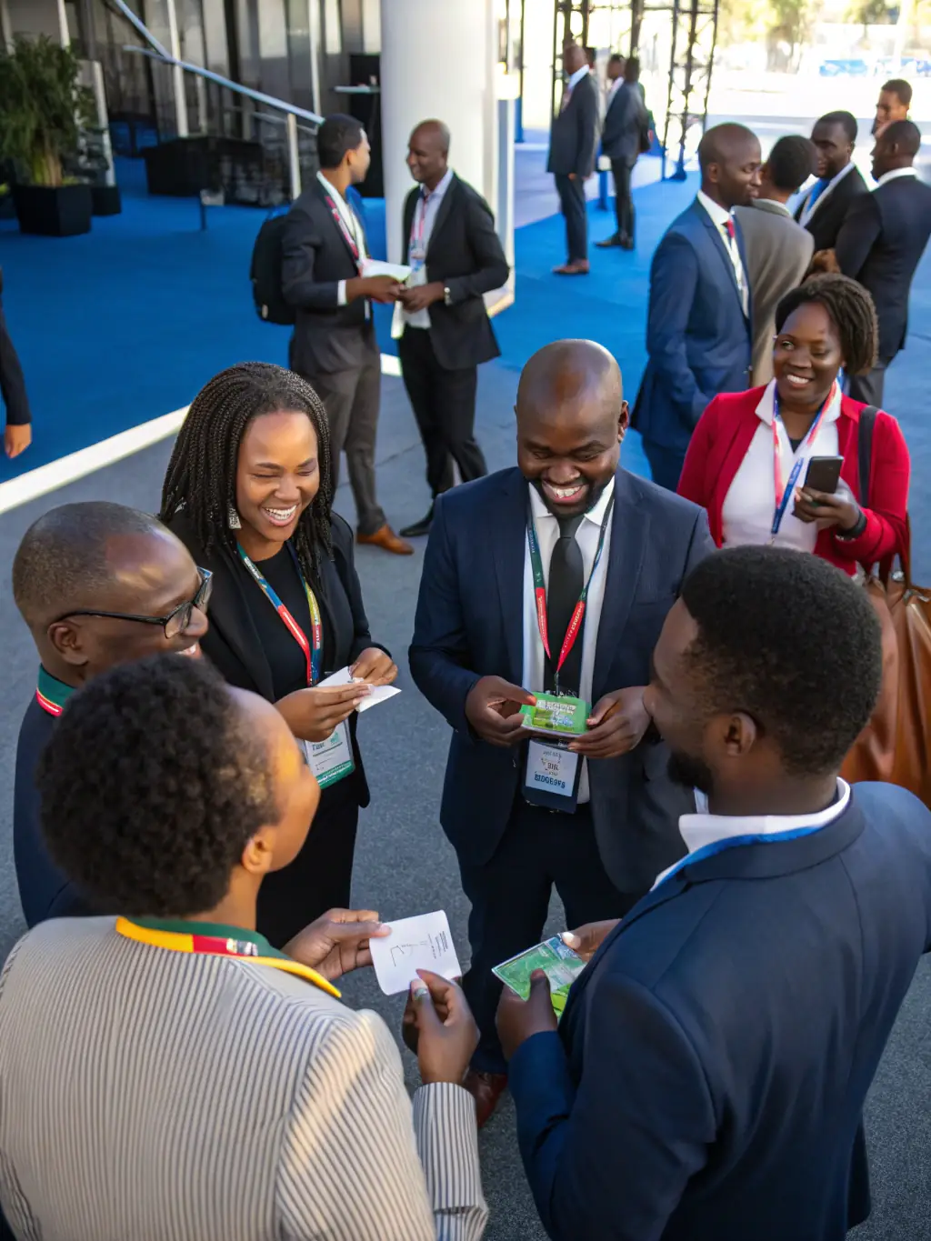 A diverse group of professionals networking at a SynergyUno tech conference, exchanging business cards and engaging in lively conversation.