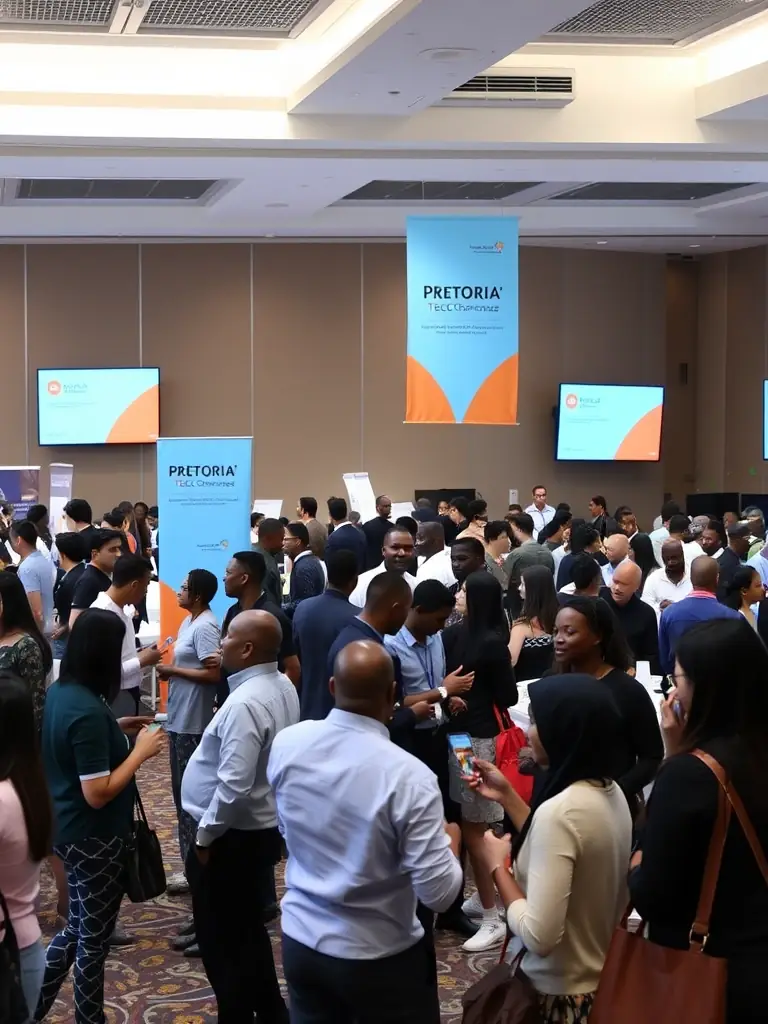 A photograph of a networking event at the Pretoria Tech Conference, showing attendees engaging in conversations and exchanging business cards.