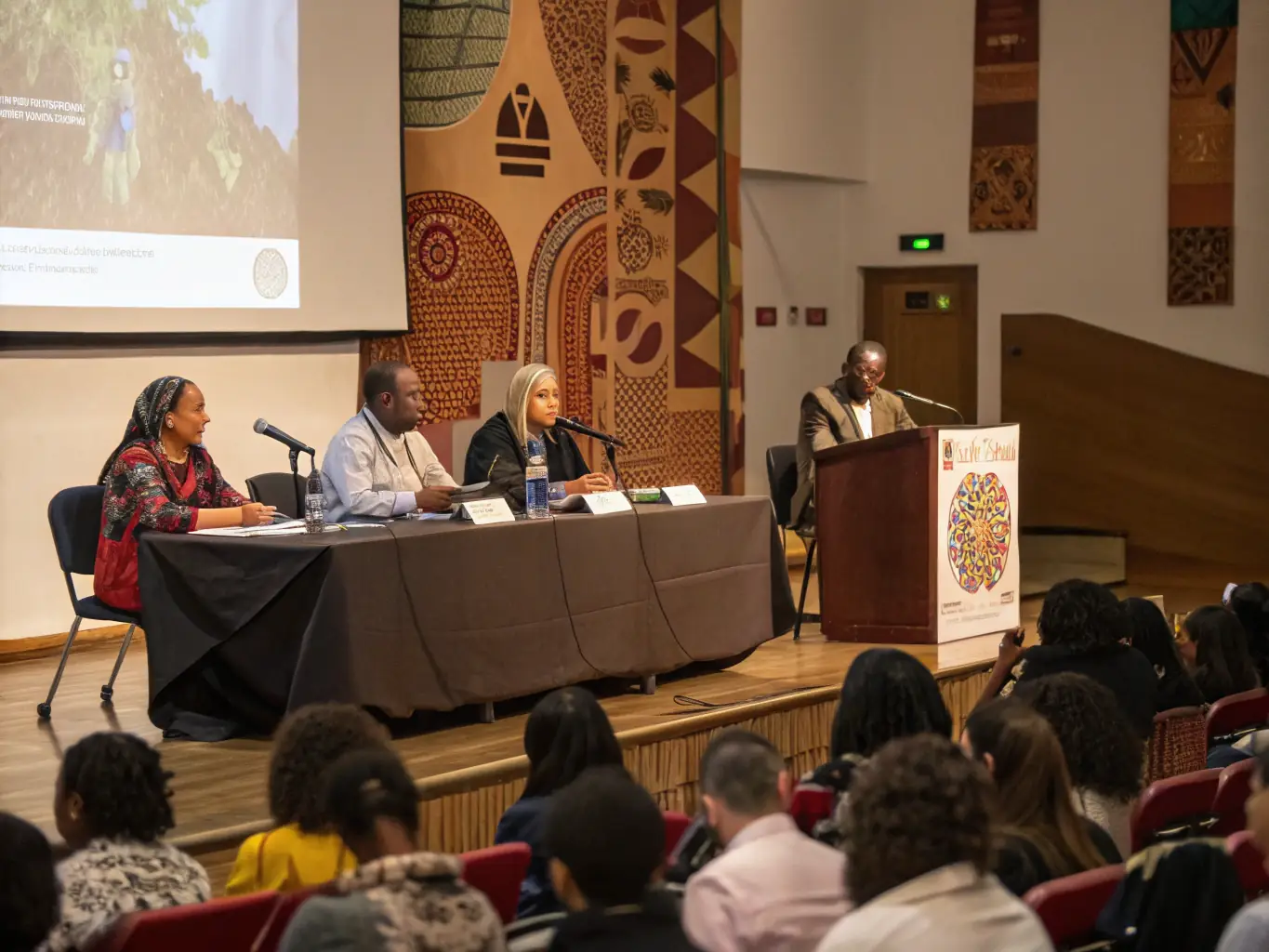 A photograph of the Cape Town International Convention Centre, showcasing a panel discussion with diverse speakers during a tech conference. The image highlights the collaborative and informative atmosphere of the event.