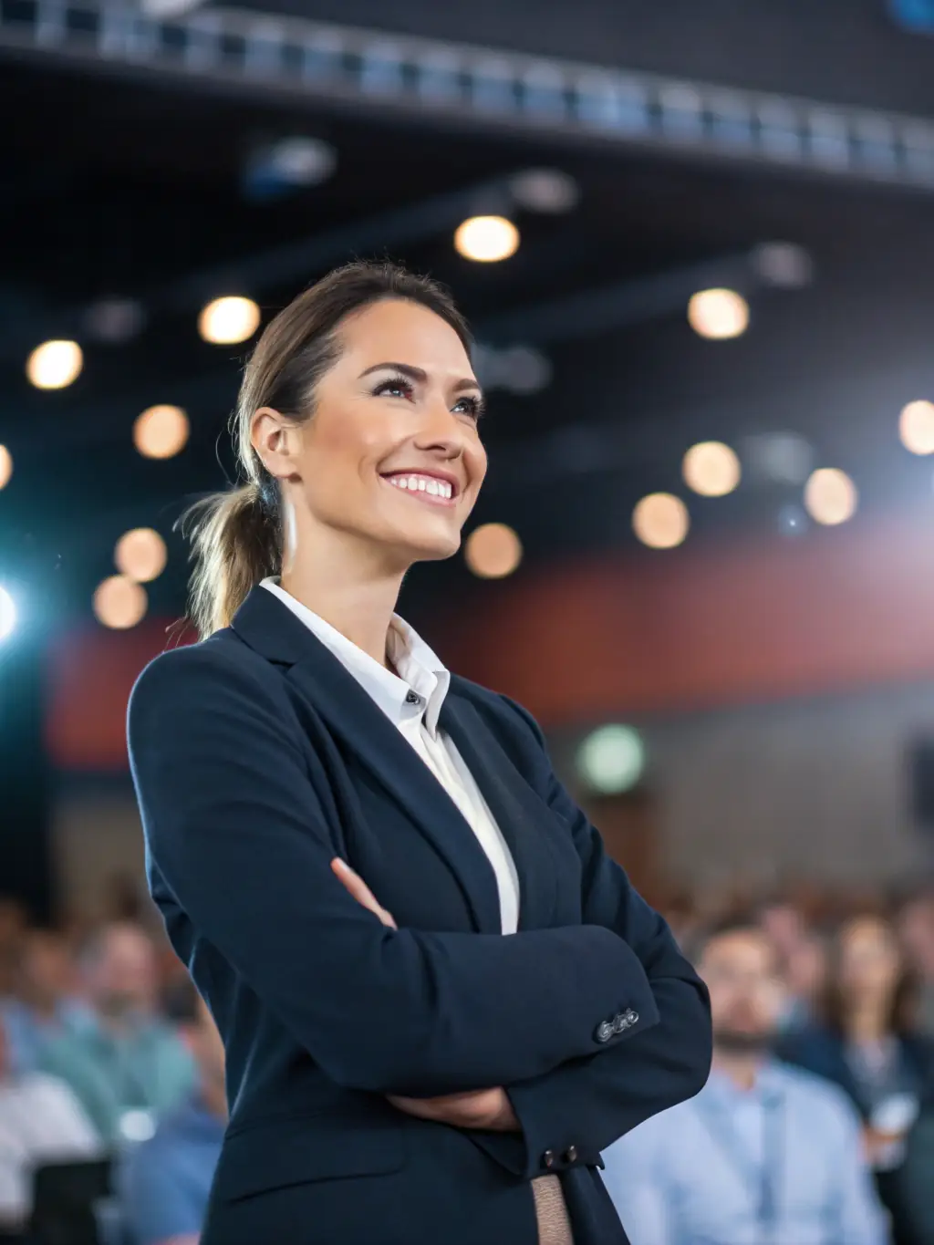 A professional headshot of Dr. Aisha Patel, a leading AI researcher, smiling confidently. She is wearing a business suit and standing in front of a blurred background of a tech conference.