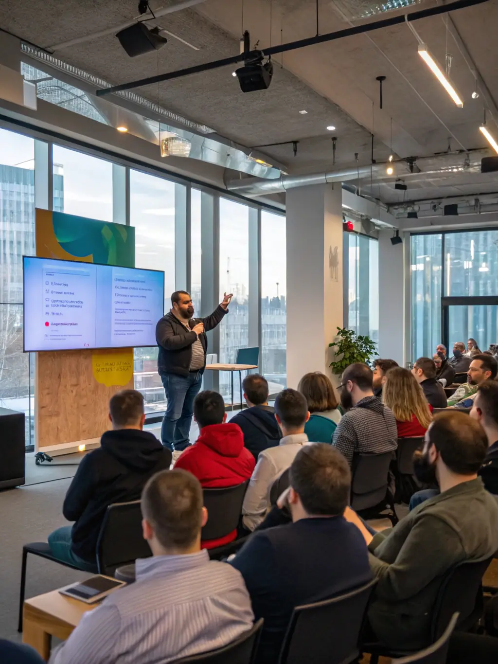 A speaker presenting on stage at a SynergyUno conference, with attendees listening attentively and taking notes.