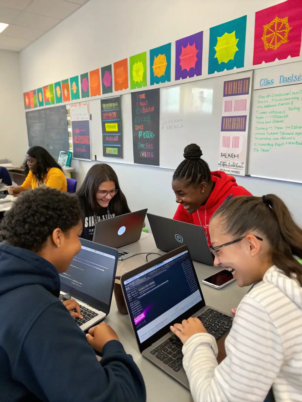 A vibrant image of a hands-on workshop session at a SynergyUno conference, with participants actively engaged in coding and problem-solving.