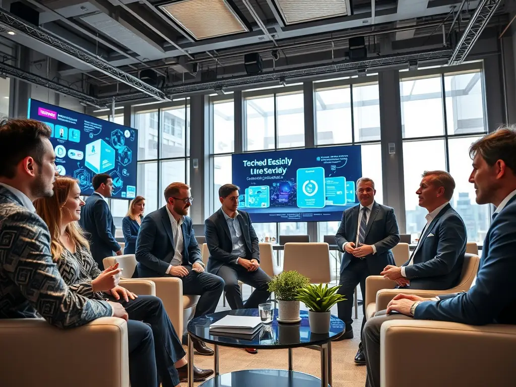 A diverse group of attendees networking at a SynergyUno tech conference in Johannesburg, South Africa, with modern tech displays in the background.