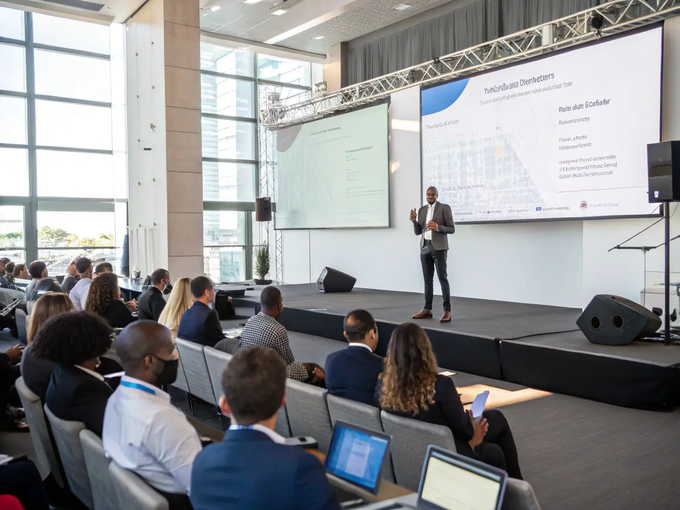 A panoramic view of Cape Town International Convention Centre (CTICC) during a SynergyUno conference, showcasing a large audience and a keynote speaker on stage.